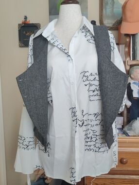 Womens White Script Print Button-Down Shirt